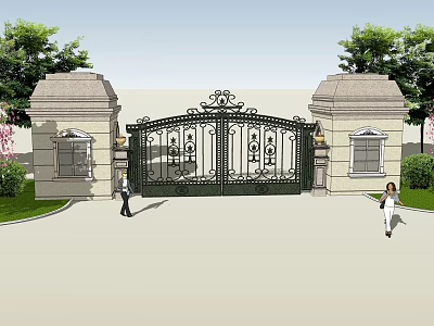 Ornate Wrought Iron Entrance Gate with Classic Stone Pillars Surrounded by Trees and Greenery 3d model