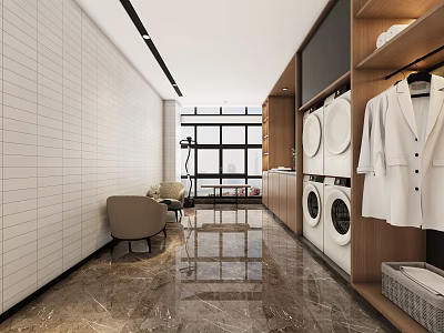 Modern Laundry Room Interior With White Tile Walls Marble Floor Washing Machines And Wooden Cabinets 3d model
