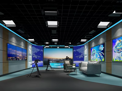 Modern Control Room Interior With Multiple Large Screens Cityscape Views And Camera Equipment 3d model