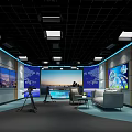 Modern Control Room Interior With Multiple Large Screens Cityscape Views And Camera Equipment 3d model