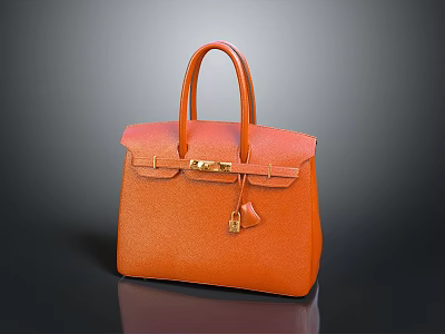 Classic Orange Leather Handbag With Top Handle Metal Lock And Decorative Charm 3d model