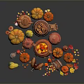 Orange Pumpkins Arranged With Clay Pots Autumn Leaves And Ram's Horn On Dark Surface