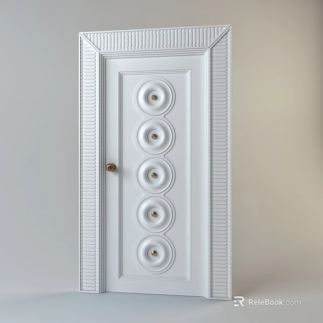 White Swing Door With Circular Decorations And Carved Frame Gold Handle 3d model