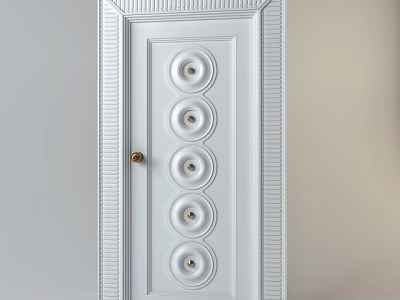 White Swing Door With Circular Decorations And Carved Frame Gold Handle 3d model