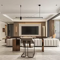 Spacious Modern Living Room With Beige Sofa Brown Chair Coffee Table Pendant Light And Artwork