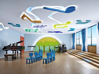 Kindergarten Music Room With Colorful Musical Note Ceiling Piano Blue Chairs And Green Tree Backdrop 3d model