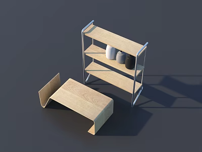 Multi tiered Storage Shelf with Wooden Shelves and Metal Frame for Home Organization 3d model