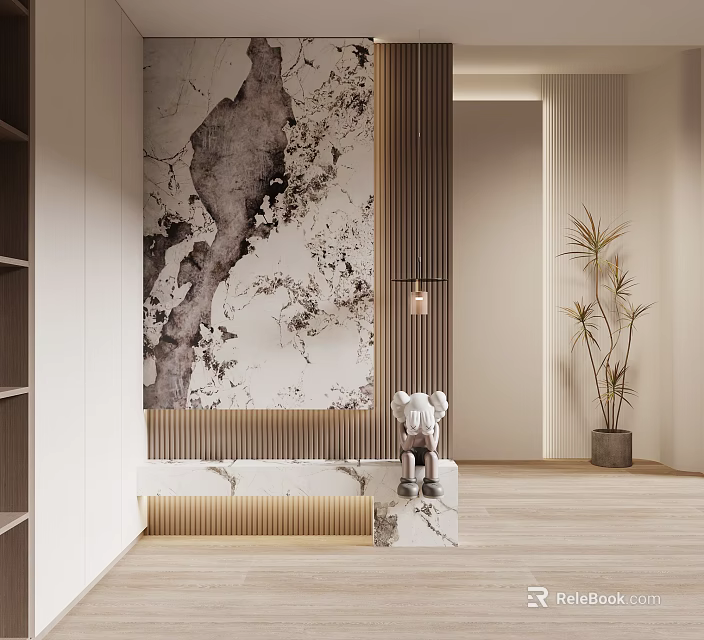 Contemporary Sofa Background Wall With Artistic Design Wooden Accents And Decor 3d model 