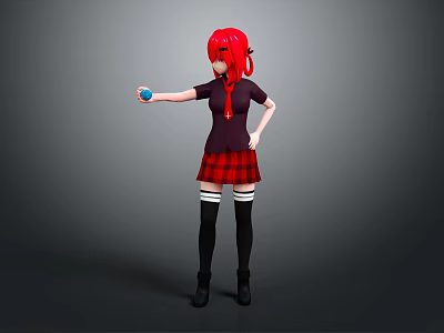 Game Character Featuring Red Hair Black Top Red Plaid Skirt Black Socks And Blue Ball 3d model