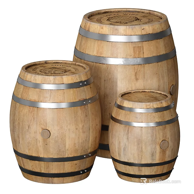 Rustic Wooden Barrels With Metal Hoops In Three Different Sizes 3d model 