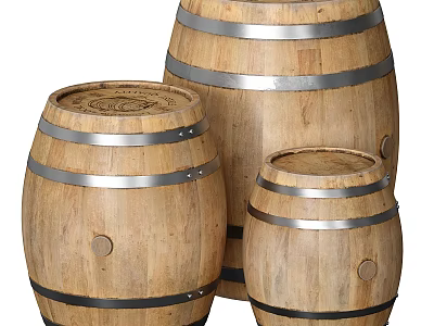 Rustic Wooden Barrels With Metal Hoops In Three Different Sizes 3d model