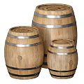 Rustic Wooden Barrels With Metal Hoops In Three Different Sizes 3d model