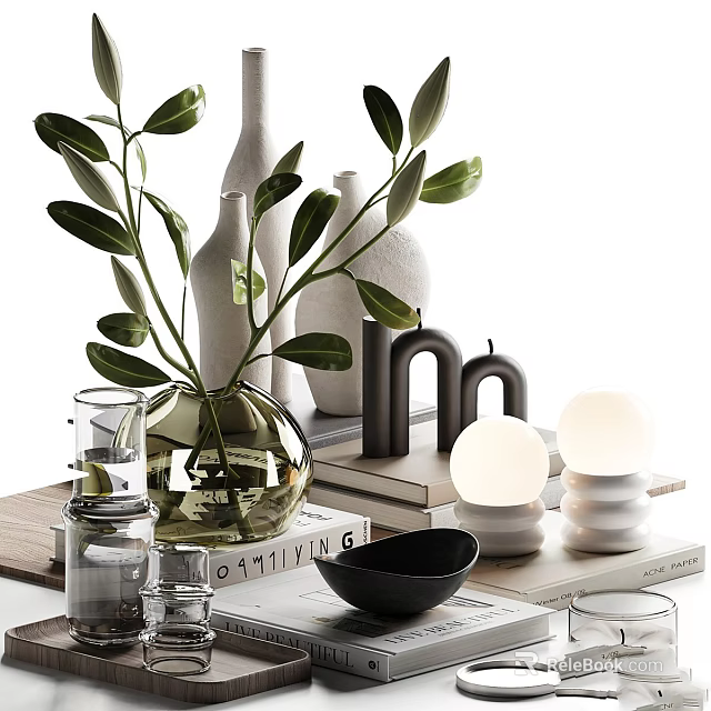 Decorative Ornament Set With Green Leaves Transparent Vases Candles Sphere Decor And Books 3d model 