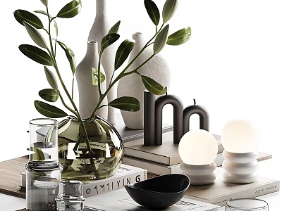 Decorative Ornament Set With Green Leaves Transparent Vases Candles Sphere Decor And Books 3d model