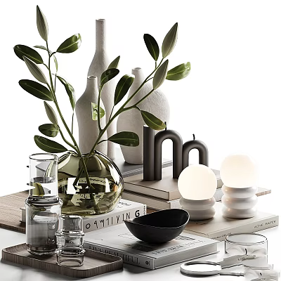 Decorative Ornament Set With Green Leaves Transparent Vases Candles Sphere Decor And Books 3d model