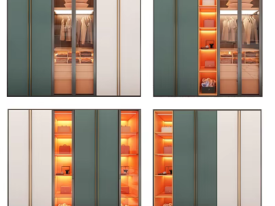 Modern Wardrobe Interior with Green White Doors Shelves Drawers and Warm Lighting Design 3d model
