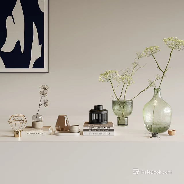 Minimalist Modern Decorative Ornament Set With Glass Vases Dried Flowers Geometric Metal Ornaments On Shelf 3d model 