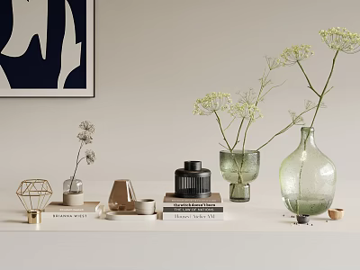 Minimalist Modern Decorative Ornament Set With Glass Vases Dried Flowers Geometric Metal Ornaments On Shelf 3d model