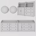 Modern Storage Furniture Set With White Cabinets Drawers And Gray White Spheres