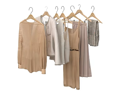 Elegant Women Clothes In Various Styles Hanging On Wooden Hangers 3d model