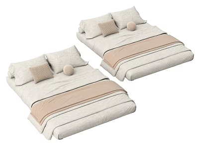 Two Light Neutral Mattresses With Pillows Cushions And Modern Blanket Setup 3d model