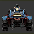 Rugged Military Off Road Vehicle With Blue Red Body Large Tires And Mounted Weapons