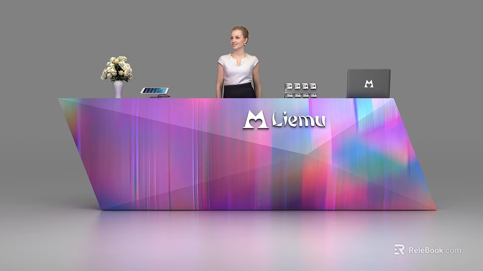 Modern Reception Desk with Gradient Color Geometric Design Menu Logo Vase Flowers Tablet Laptop 3d model 