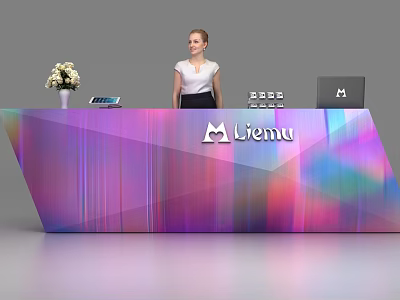 Modern Reception Desk with Gradient Color Geometric Design Menu Logo Vase Flowers Tablet Laptop 3d model