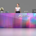 Modern Reception Desk with Gradient Color Geometric Design Menu Logo Vase Flowers Tablet Laptop