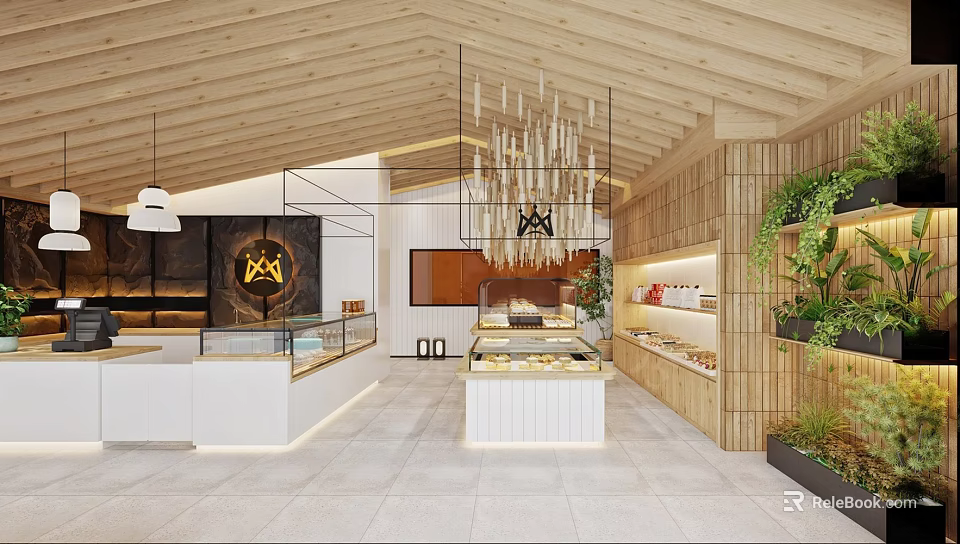 Modern Dessert Shop Interior With Glass Display Cases Wooden Ceiling And Hanging Lights 3d model 
