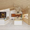 Modern Dessert Shop Interior With Glass Display Cases Wooden Ceiling And Hanging Lights