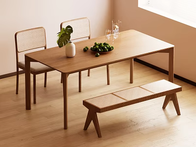 Minimalist Dining Table Set with Wooden Woven Backrest Chairs Bench and Green Plant with Limes 3d model