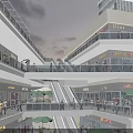 Modern Multi Level Commercial Street With Brand Stores Escalators And Pedestrians
