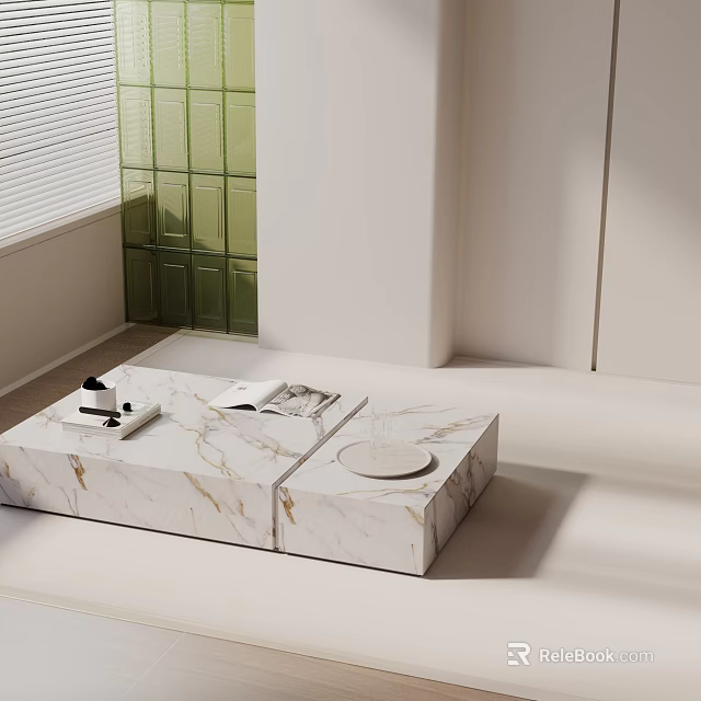 Bright Living Room Sofa and Coffee Table Set with White Marble Top and Decor Items 3d model 