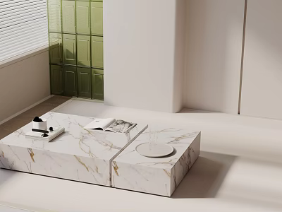 Bright Living Room Sofa and Coffee Table Set with White Marble Top and Decor Items 3d model