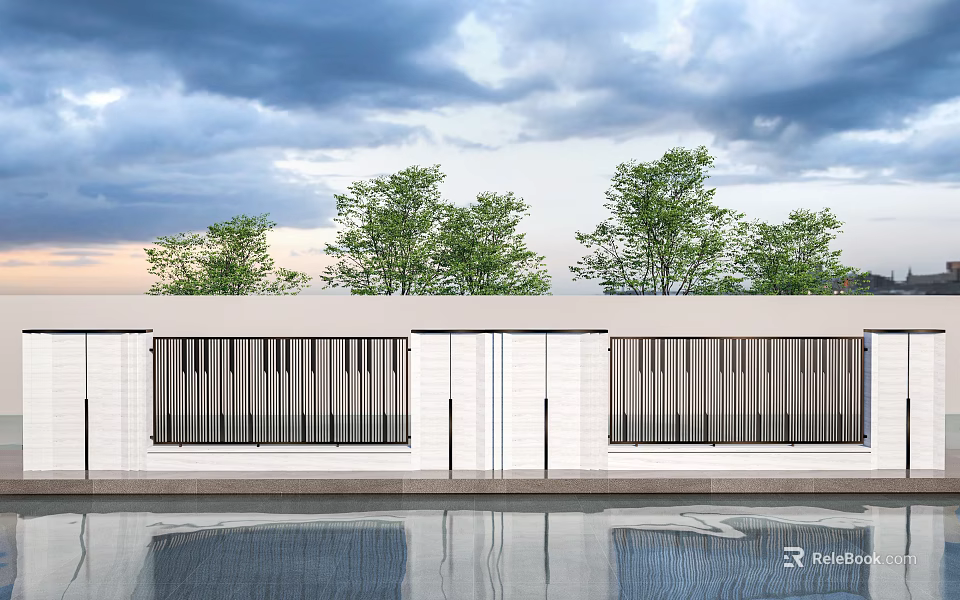 Modern White Feature Wall With Horizontal Slats And Reflecting Pool Front Background Trees 3d model