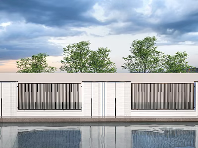 Modern White Feature Wall With Horizontal Slats And Reflecting Pool Front Background Trees 3d model