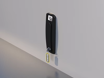Black Door Handle With Keyhole And Key With Tag Hanging On Wall As Household Item 3d model