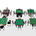 Colorful Recreation Game Tables With Green Brown Surfaces And Surrounding Chairs