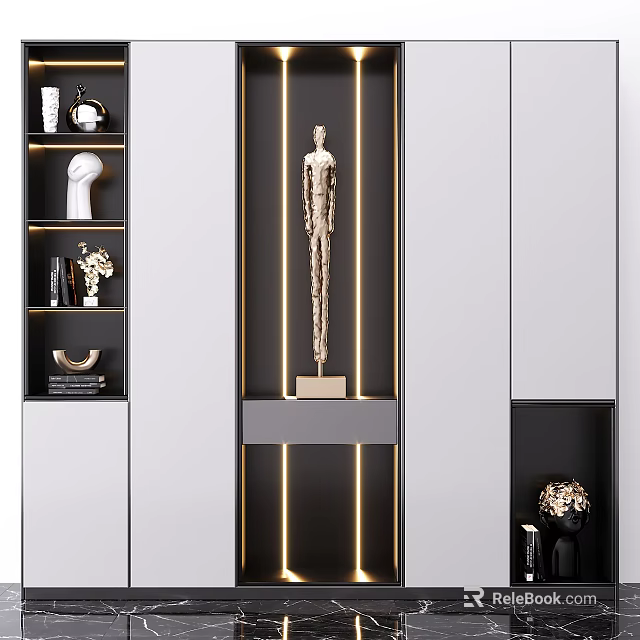 Modern Decorative Cabinet Design With Golden Lines Layered Shelves And Decorative Items 3d model 