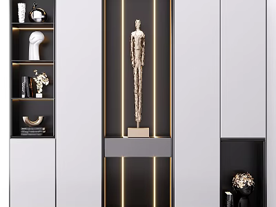 Modern Decorative Cabinet Design With Golden Lines Layered Shelves And Decorative Items 3d model