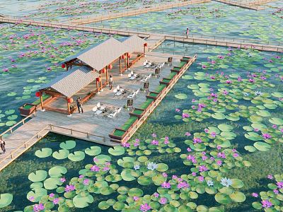 Chinese Park Waterfront Plank Road Landscape Lotus Pond Lotus Pond Park Waterscape Ecological Corridor Waterfront Plank Road Riverside Park 3d model