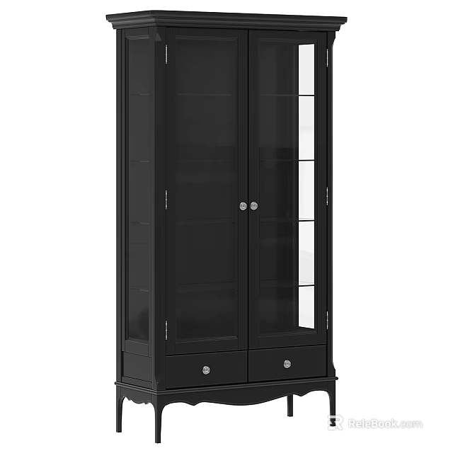 Modern Black Storage Cabinet With Glass Doors And Bottom Drawers 3d model 