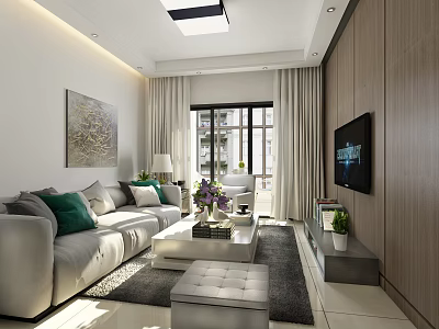 Modern Living Room Interior With Gray Sofa Green Cushions Coffee Table And Wooden Accent Wall 3d model