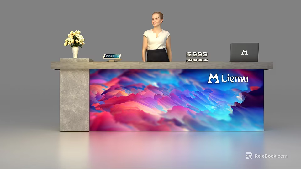 Modern Reception Desk With Vase Flowers Tablet Laptop And Liemu Logo Colorful Mountain Pattern 3d model 