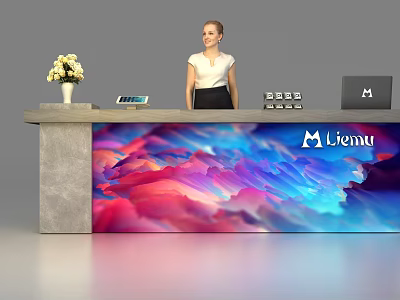 Modern Reception Desk With Vase Flowers Tablet Laptop And Liemu Logo Colorful Mountain Pattern 3d model