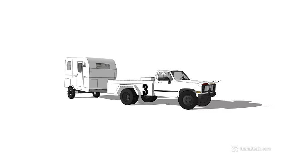 White Pickup Truck With Enclosed Trailer And Number 3 For Transport Utility 3d model 