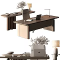 Modern Office Desk And Chair Set With Wooden Top Leather Seat Laptop Lamp And Plants