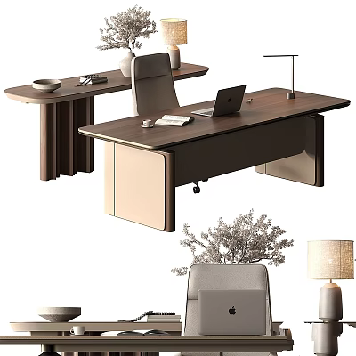 Modern Office Desk And Chair Set With Wooden Top Leather Seat Laptop Lamp And Plants 3d model