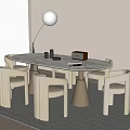 Modern Minimalist Dining Table Set With Marble Top And Six Beige Upholstered Chairs